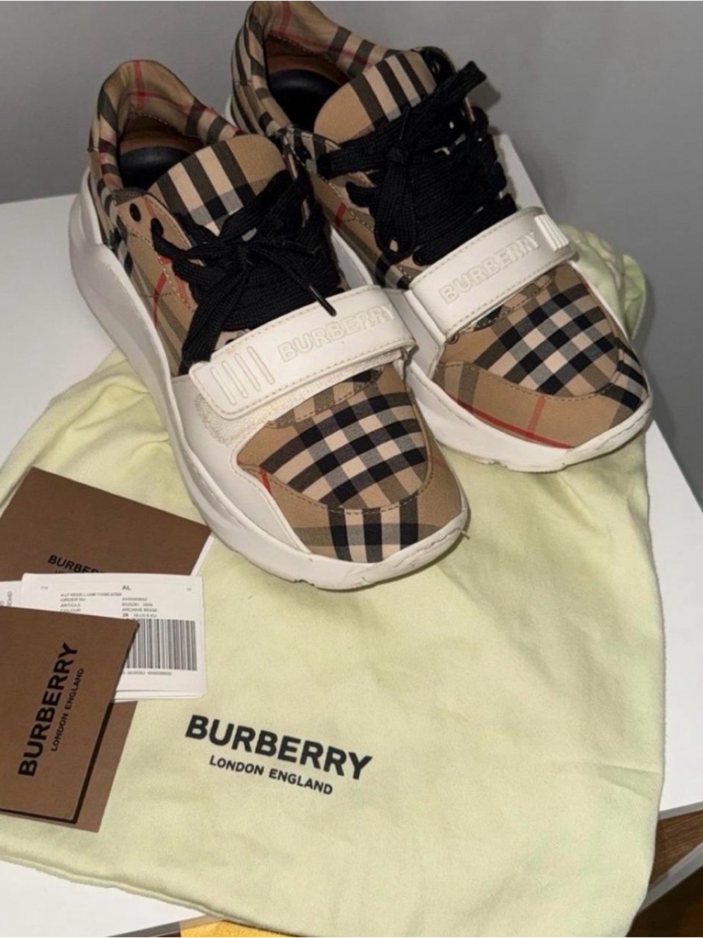 Burberry ladies Beige Check Lace-Up Sneakers with Black Laces